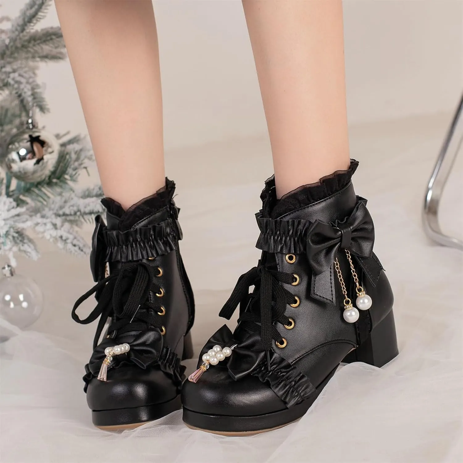 ZKXYFFS Women's Platform Booties Cosplay Gothic Lolita Shoes Lace Up Chunky Heel Ankle Boots Lace Party Dress Shoes Heels with Bow