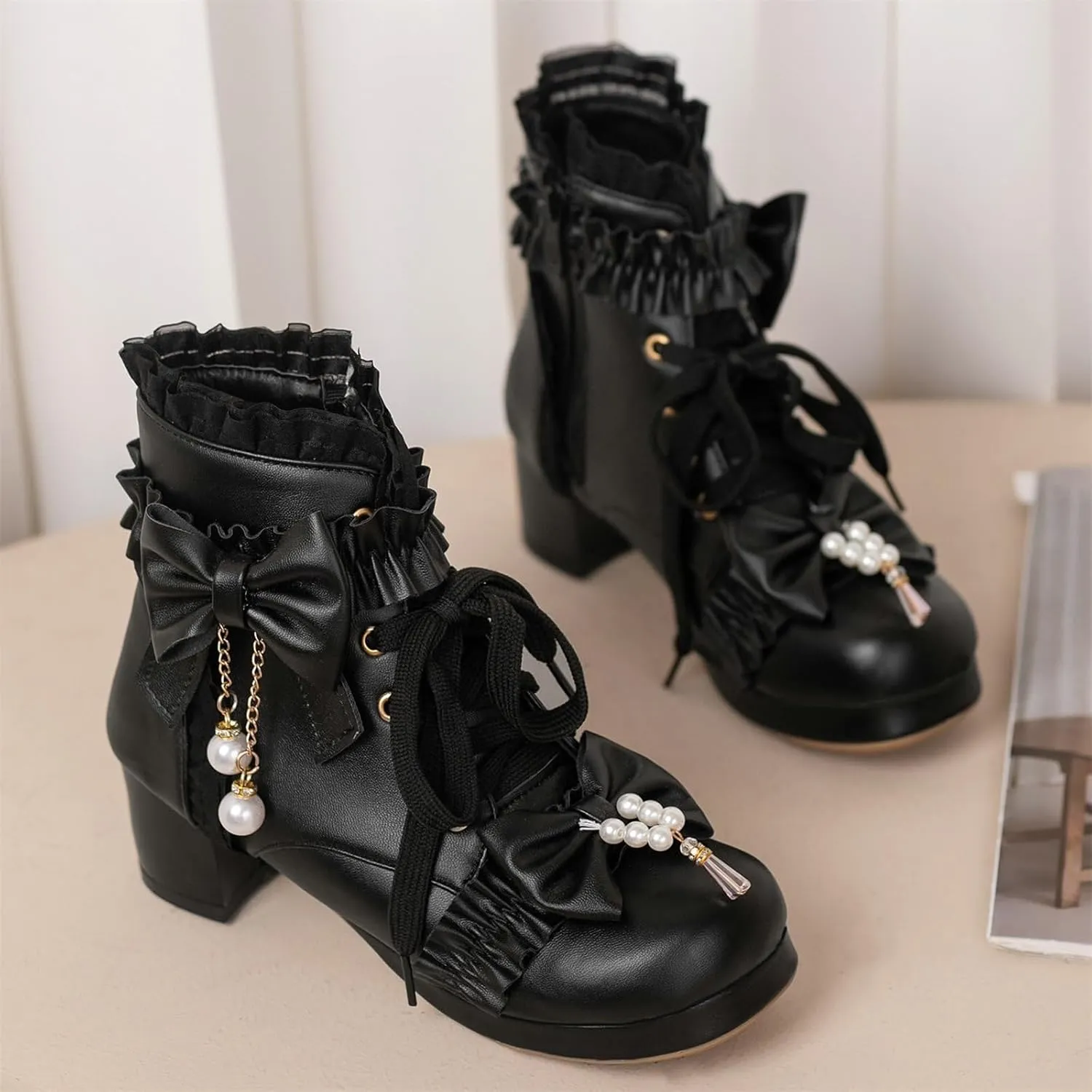 ZKXYFFS Women's Platform Booties Cosplay Gothic Lolita Shoes Lace Up Chunky Heel Ankle Boots Lace Party Dress Shoes Heels with Bow