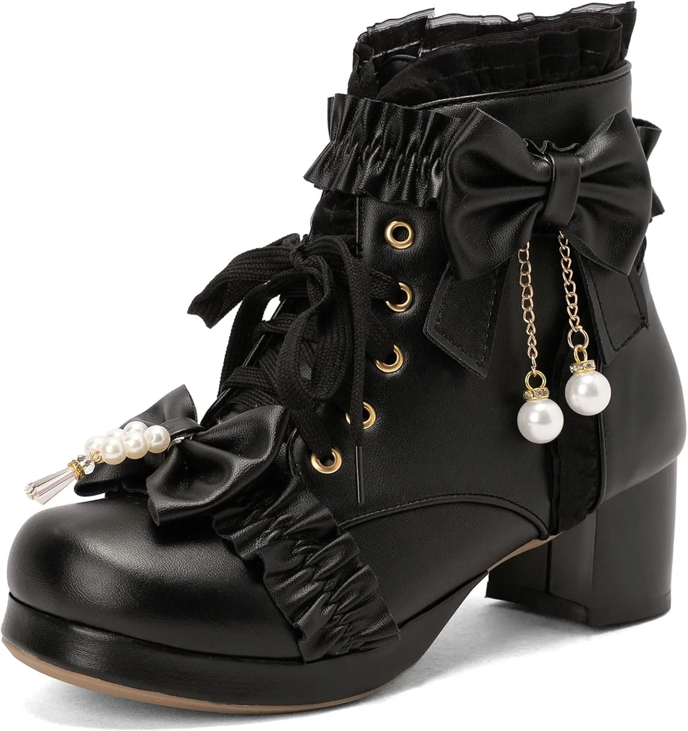 ZKXYFFS Women's Platform Booties Cosplay Gothic Lolita Shoes Lace Up Chunky Heel Ankle Boots Lace Party Dress Shoes Heels with Bow