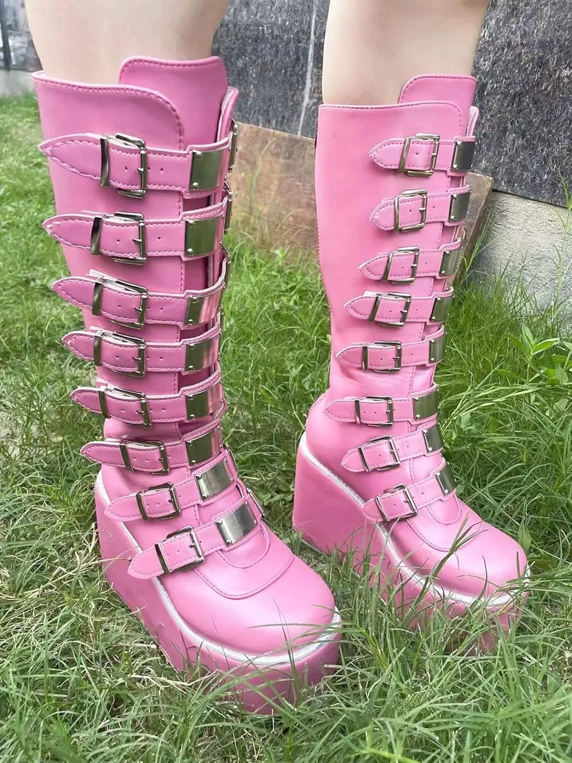 ZKXYFFS Women's Punk Goth Platform Boots Buckle Straps Back Zipper Gothic Boots Ladies Rivets Metal Decoration Long Boots Knee High Tall Boots Motorcycle Combat Boots