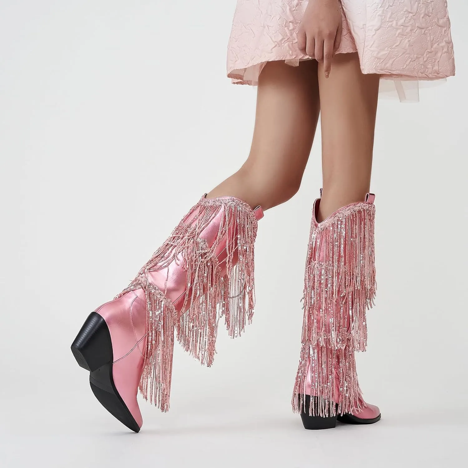ZXHYZLZ Cowboy Boots For Women 2-Inch Low Heel Comfortable Tall Knee High Western Cowgirl Boots Pointed Toe Botas Vaqueras Para Mujer Classic Embroidered Chunky Heel