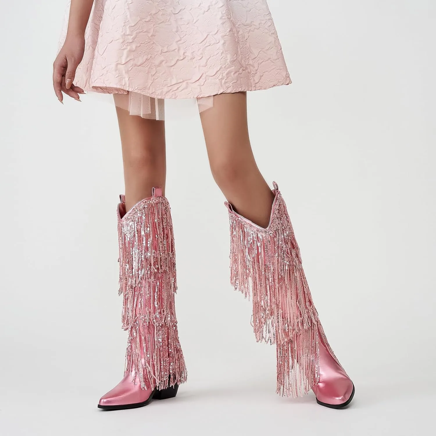 ZXHYZLZ Cowboy Boots For Women 2-Inch Low Heel Comfortable Tall Knee High Western Cowgirl Boots Pointed Toe Botas Vaqueras Para Mujer Classic Embroidered Chunky Heel